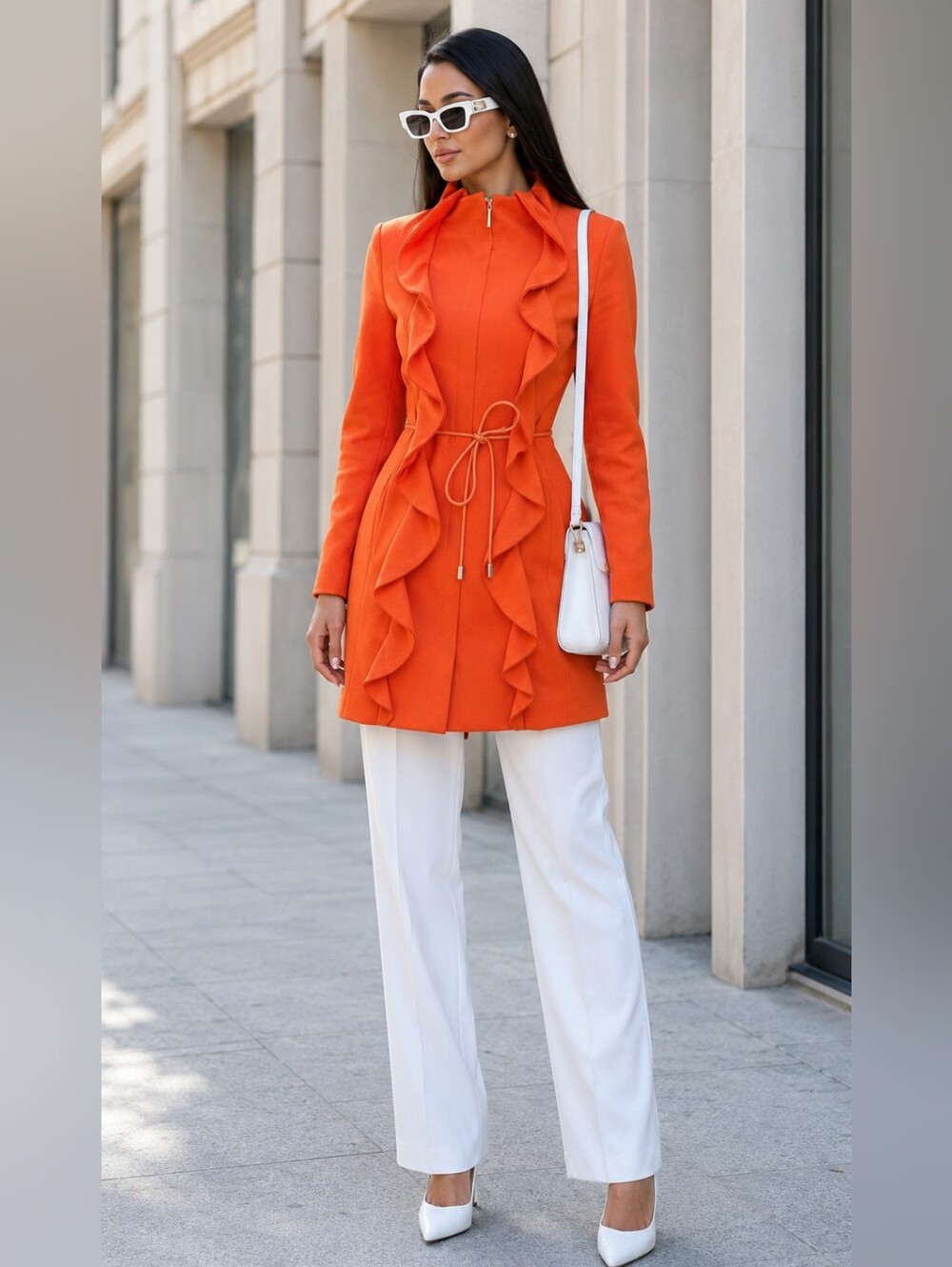 Prive Italian Orange Ruffle Belted Coat Tailored Statement Jacket 6